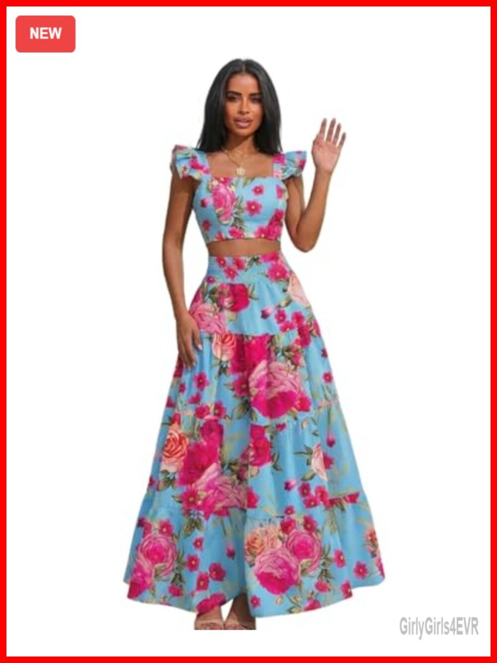 2 Piece Maxi Skirt Set Boho Floral Crop Top Summer Vacation Outfit
